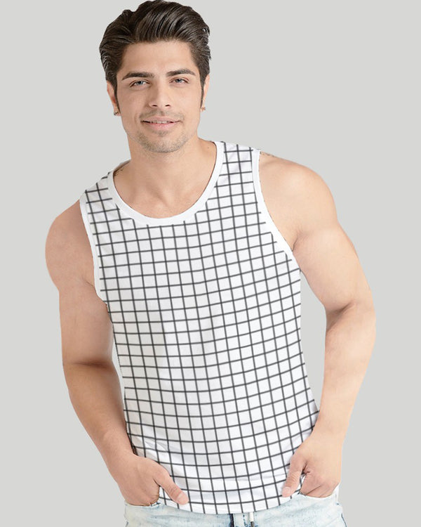 Men Checkered White Printed Vest