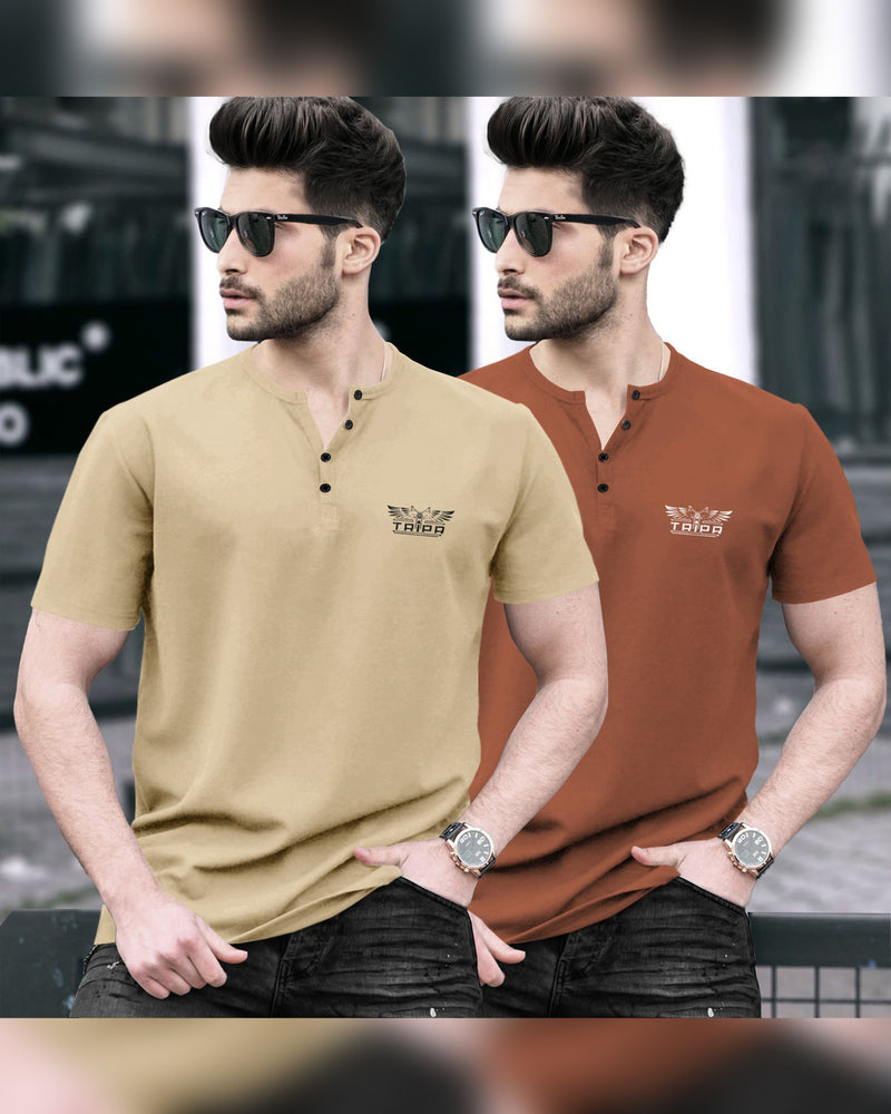 Pack of 2 Men Printed Henley Neck Cotton Blend Multicolor T-Shirt