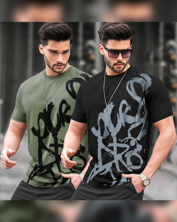 Pack of 2 Men Printed Round Neck Cotton Blend Multicolor T-Shirt