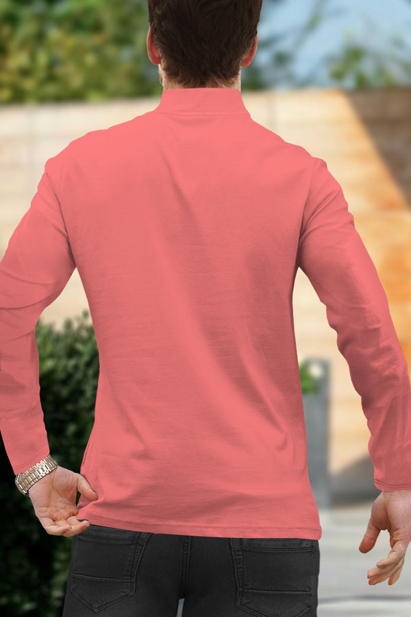 Men Solid Zip Neck Pink T-Shirt