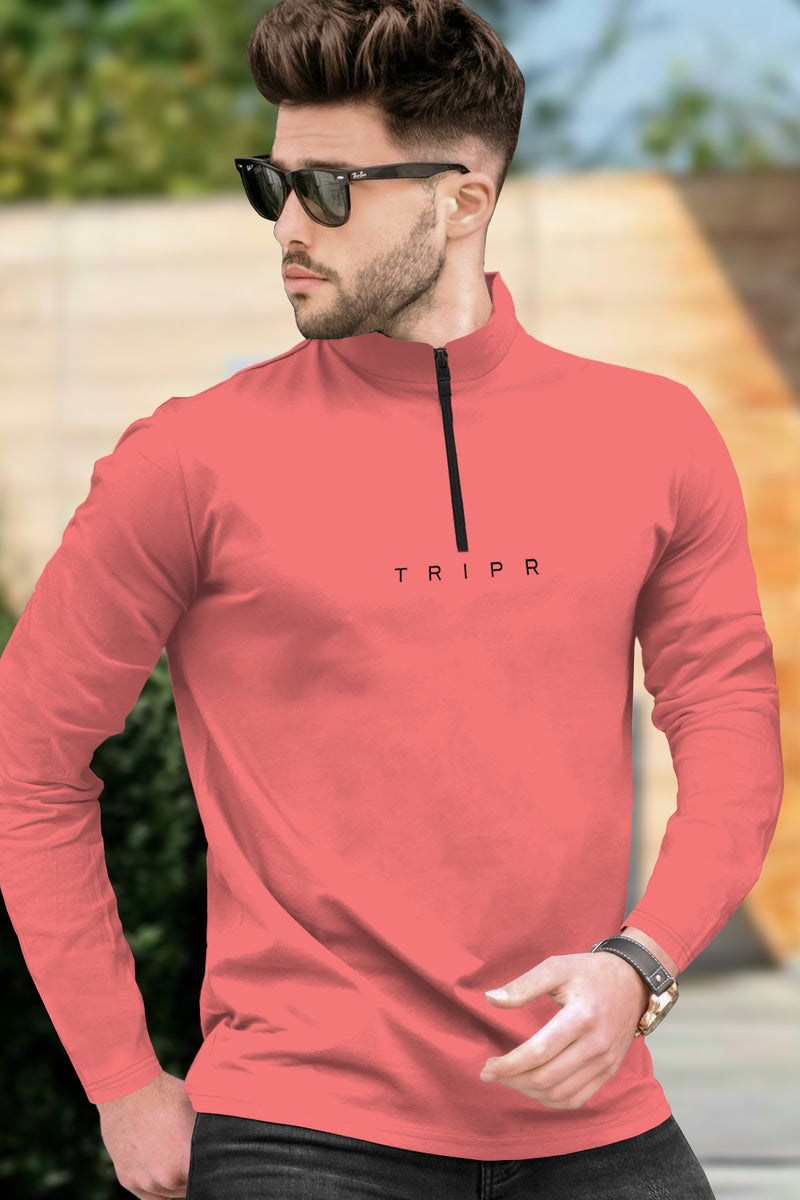 Men Solid Zip Neck Pink T-Shirt