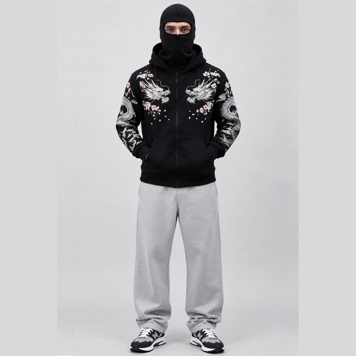 Mens Back Prined Graphic Design Zip-Up Winter Mask Jacket Black