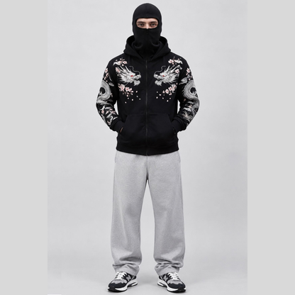 Mens Back Prined Graphic Design Zip-Up Winter Mask Jacket Black