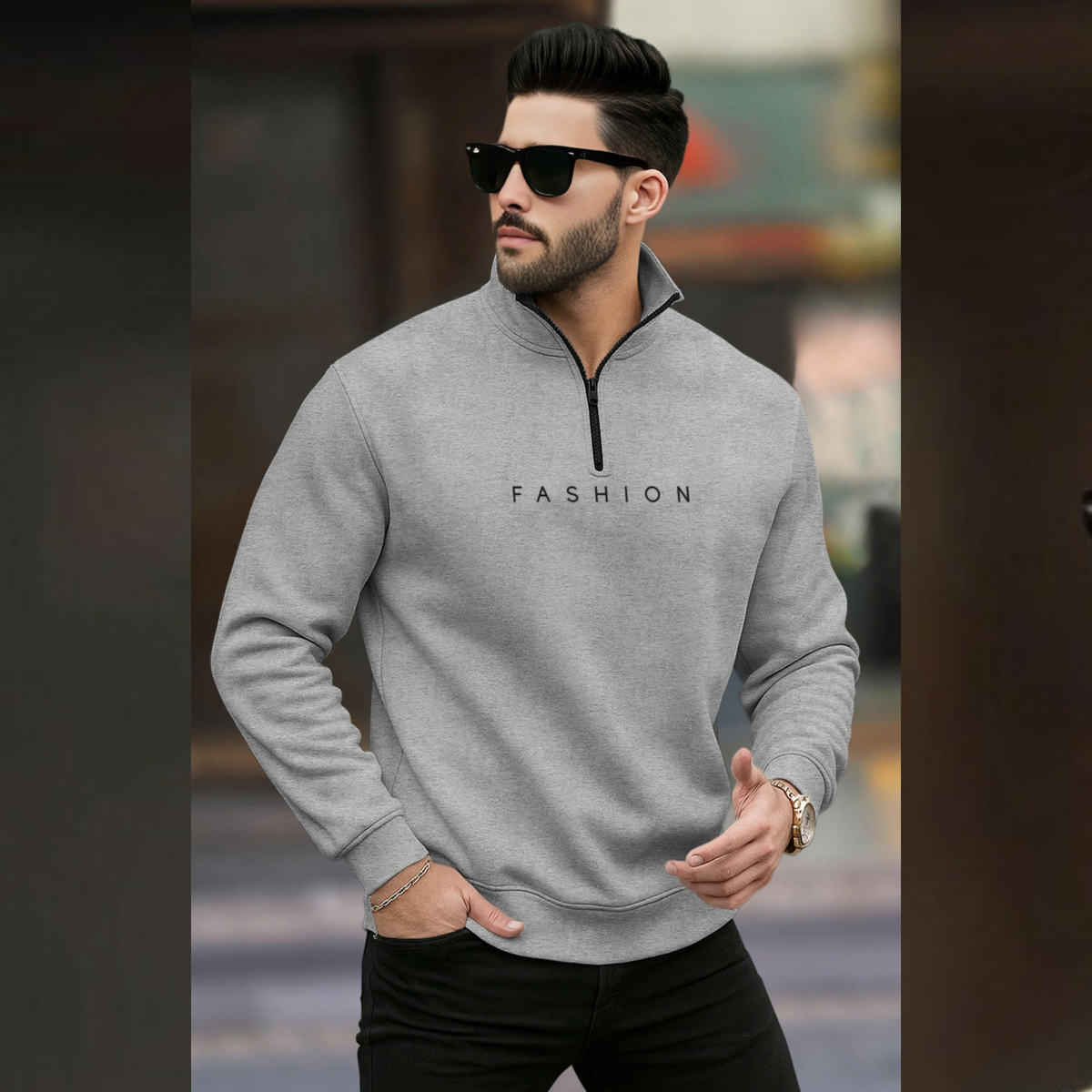 Men Quarter Zip High Neck Plain Winter Sweatshirts