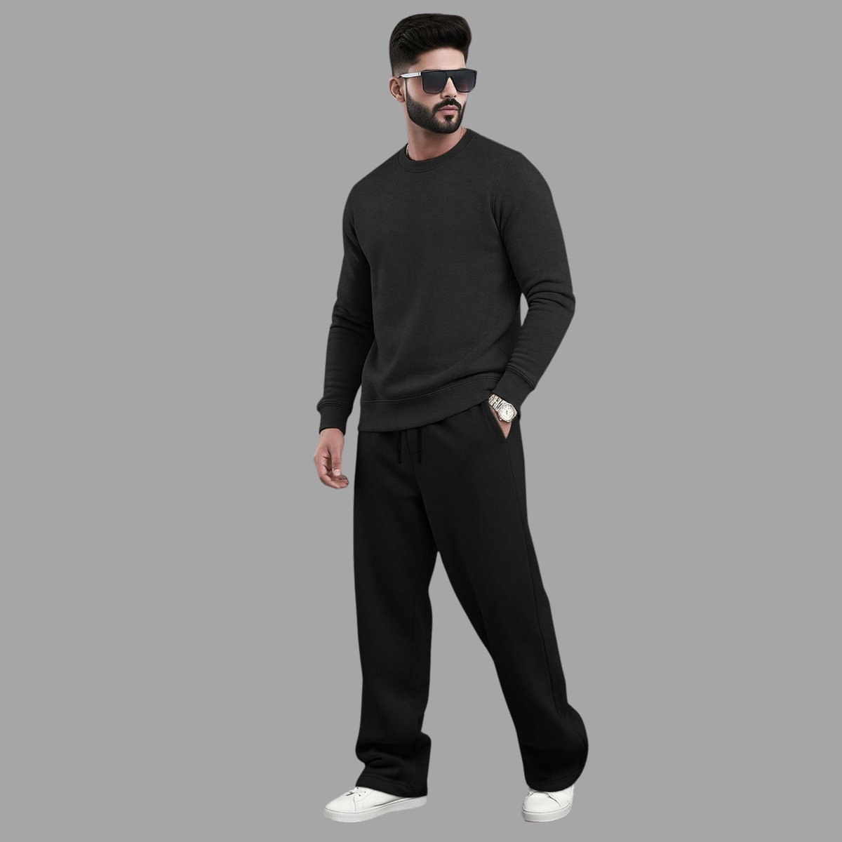 Tracksuit Men Round Neck Plain Sweatshirt & Loose Fit Plain Trackpants