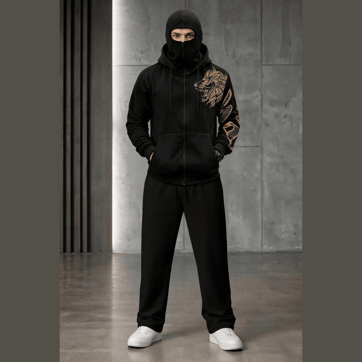 Tracksuit Hooded Mask Printed Jackets And Plain Baggy Trackpants