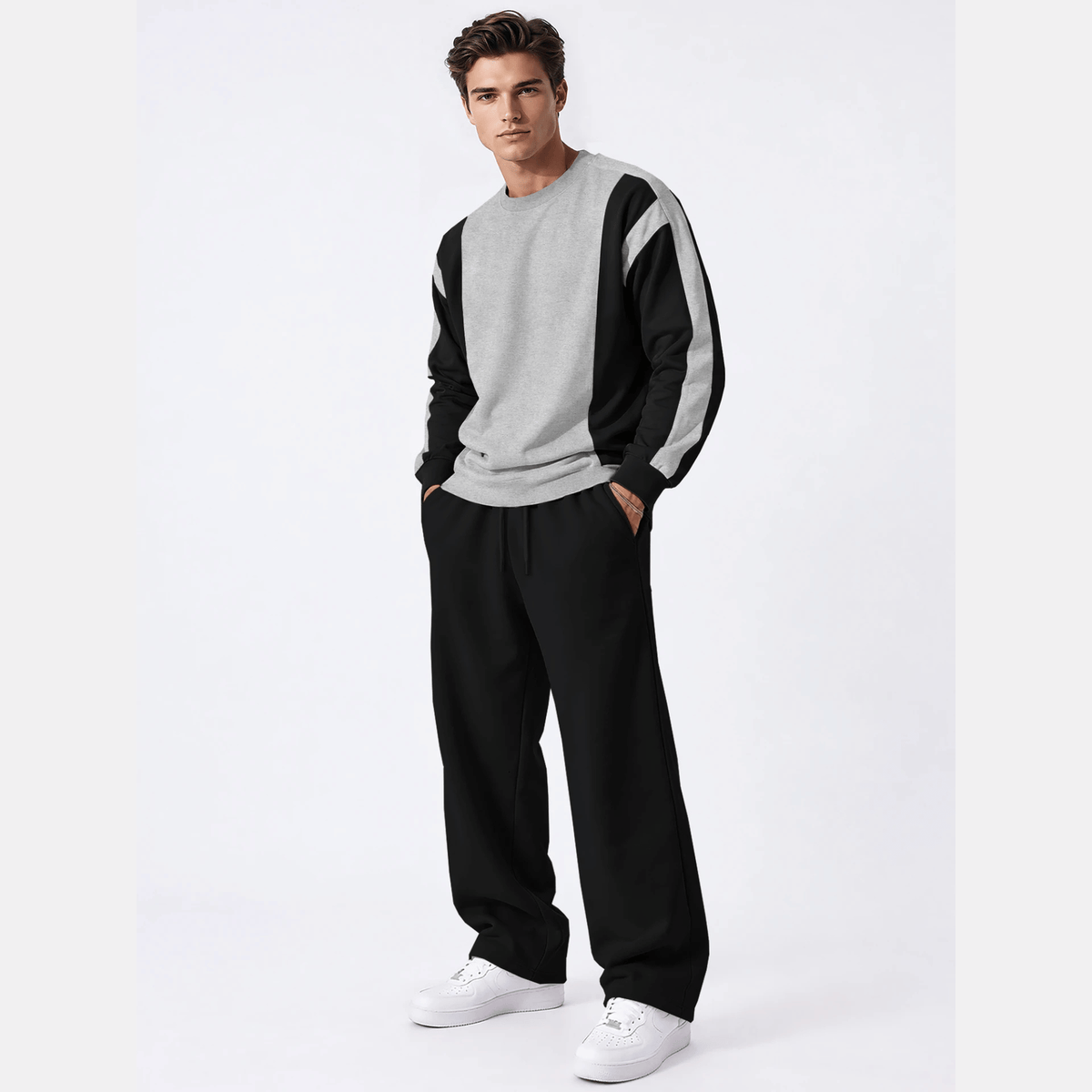 Tracksuit Men Round Neck Colorblocked Sweatshirt Plain Baggy Trackpants