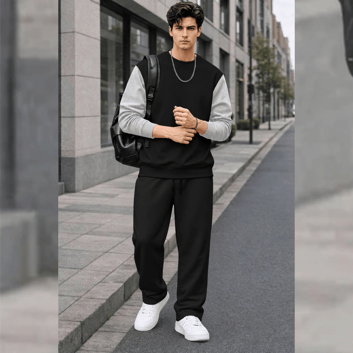 Mens Round Neck Dual Color Sweatshirt  Winter Tracksuits