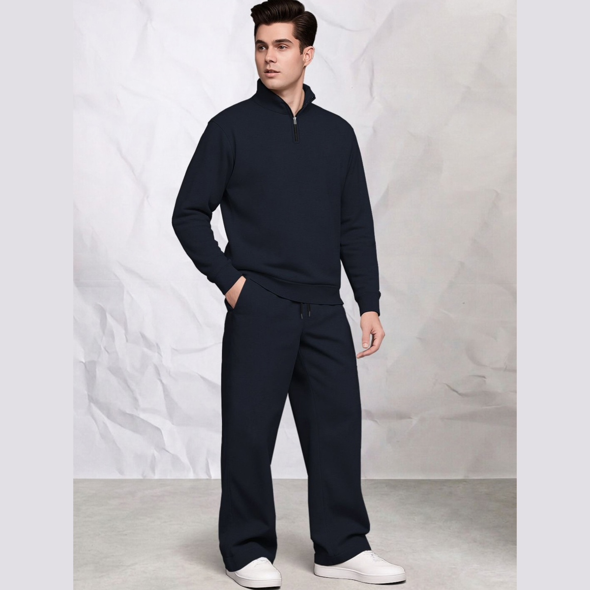 Tracksuit Men High Neck Sweatshirt & Matching Plain Loose Fit Trackpants