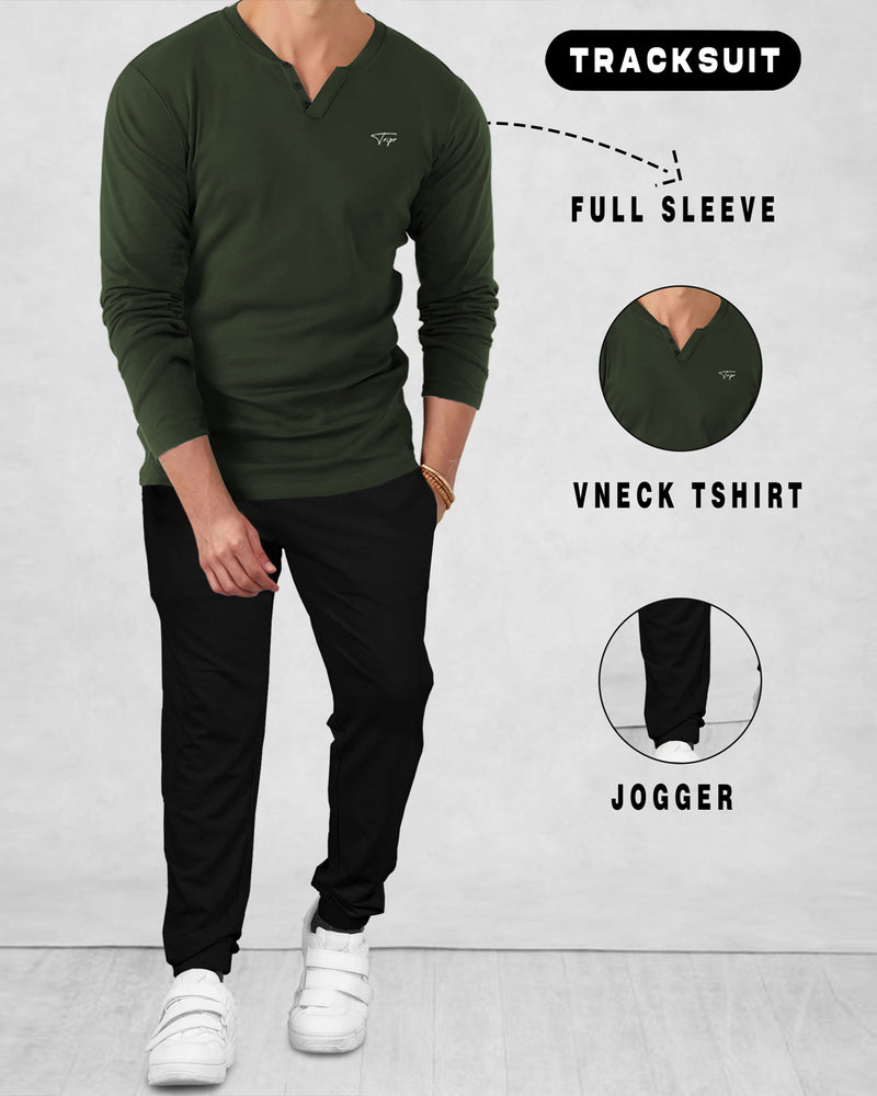 Full Sleeve V-neck OLIVE GREEN T-shirt with BLACK Jogger Pant Tracksuit