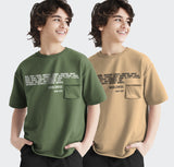 (Pack of 2) Boys Flap Pocket Typography Round Neck Half Sleeve T-Shirt