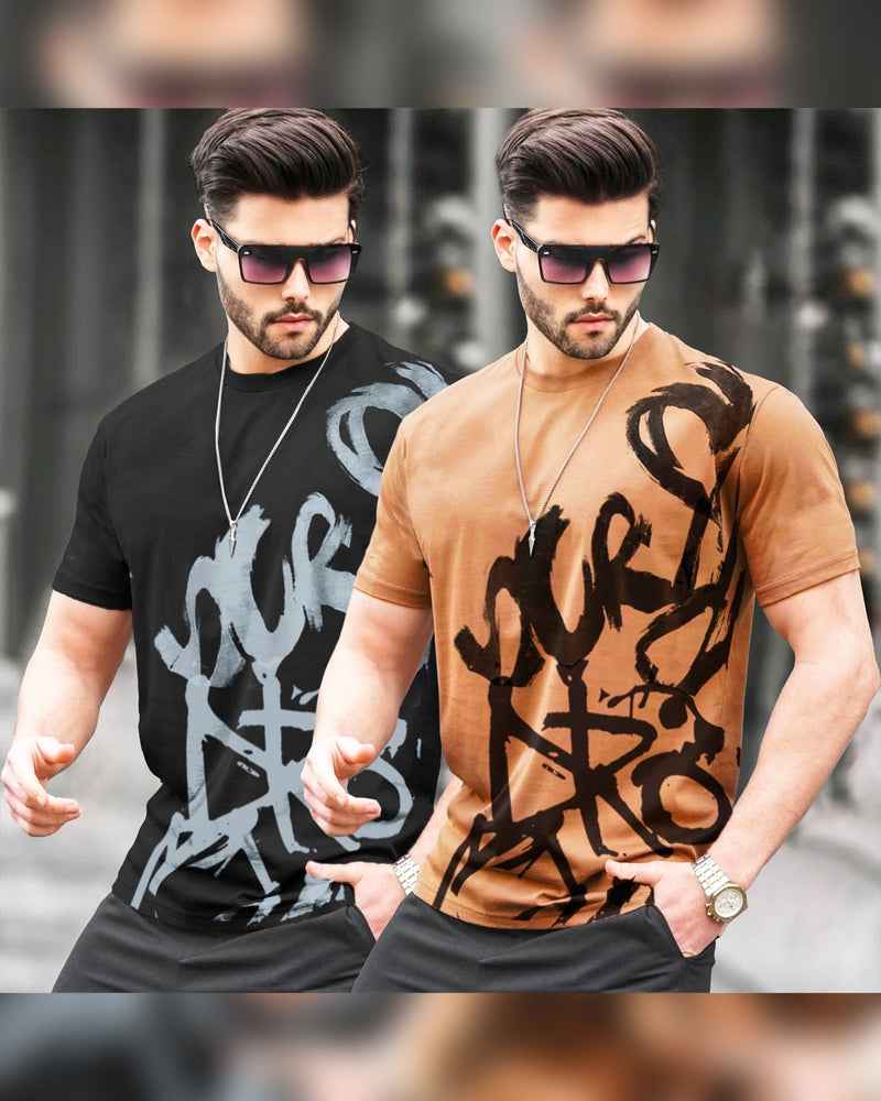 Pack of 2 Men Printed Round Neck Cotton Blend Multicolor T-Shirt