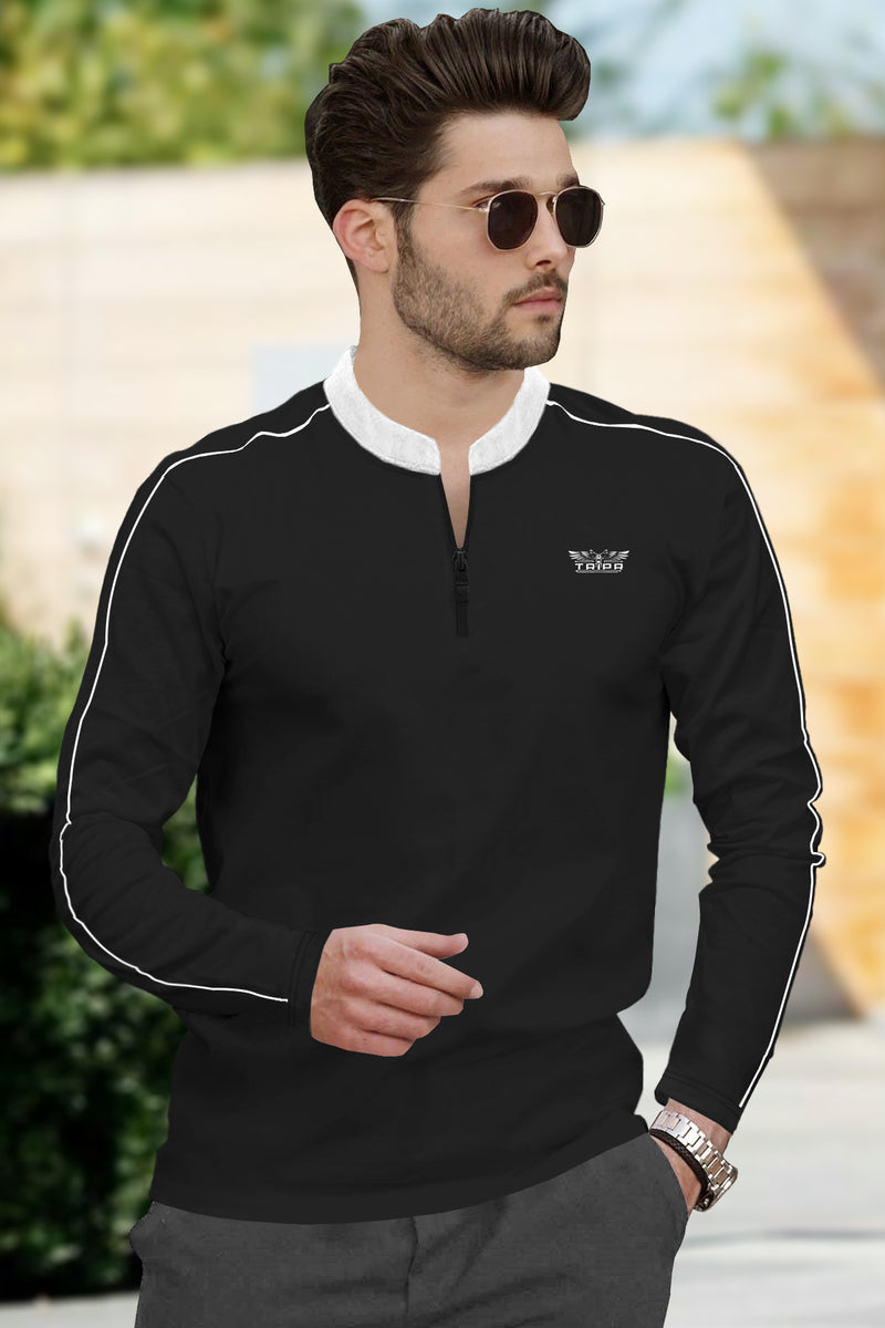 Black Full Sleeve Mandarin Collar Zip Neck Tshirt