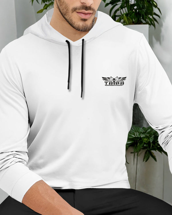 Men Solid Hooded Neck Cotton Blend White T-Shirt