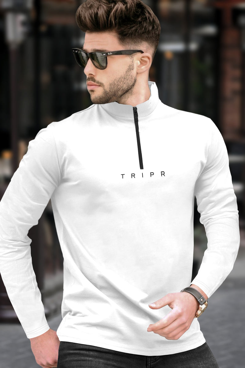 Men Solid Zip Neck White T-Shirt