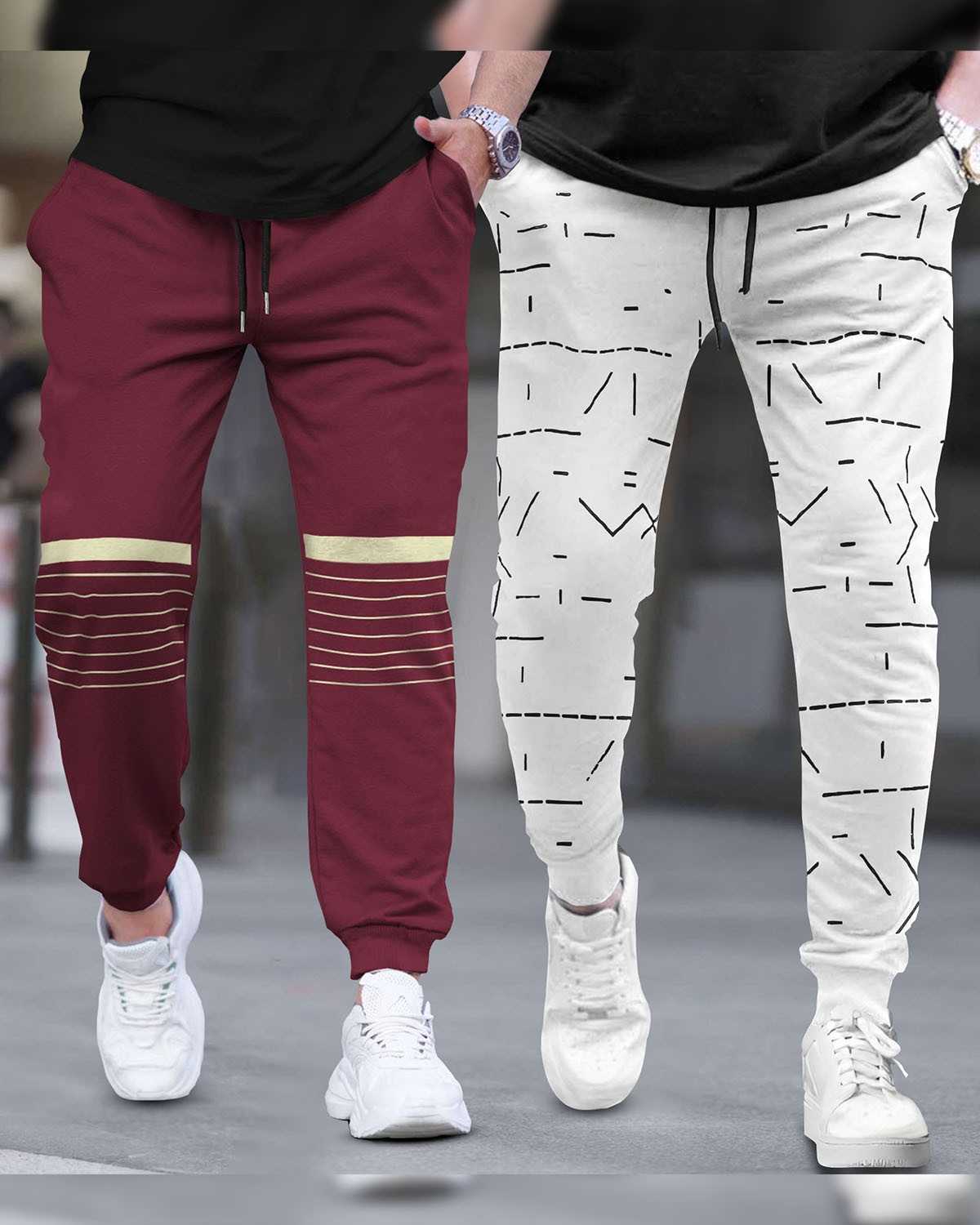 (Pack Of 2) Men Printed Maroon & White Trackpants