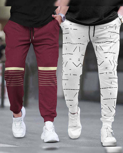 (Pack Of 2) Men Printed Maroon & White Trackpants