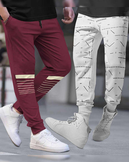 (Pack Of 2) Men Printed Maroon & White Trackpants