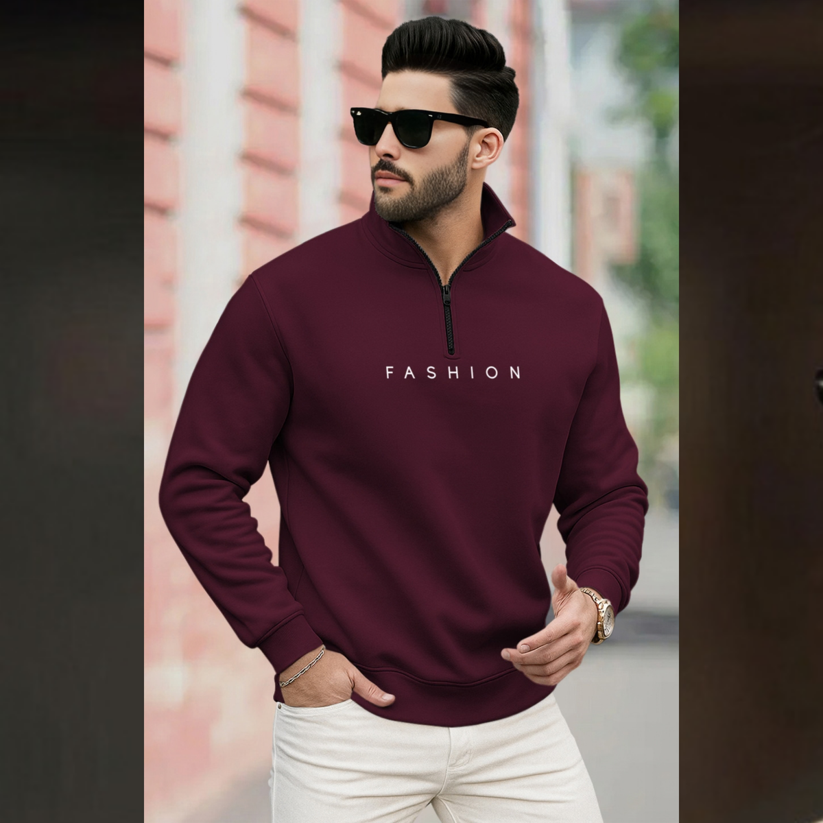 Men Quarter Zip High Neck Plain Winter Sweatshirts