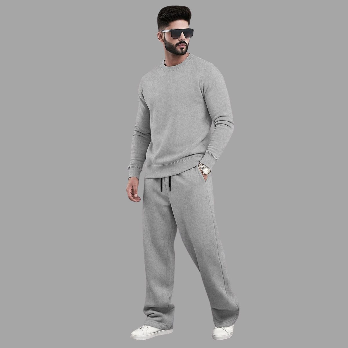 Tracksuit Men Round Neck Plain Sweatshirt & Loose Fit Plain Trackpants