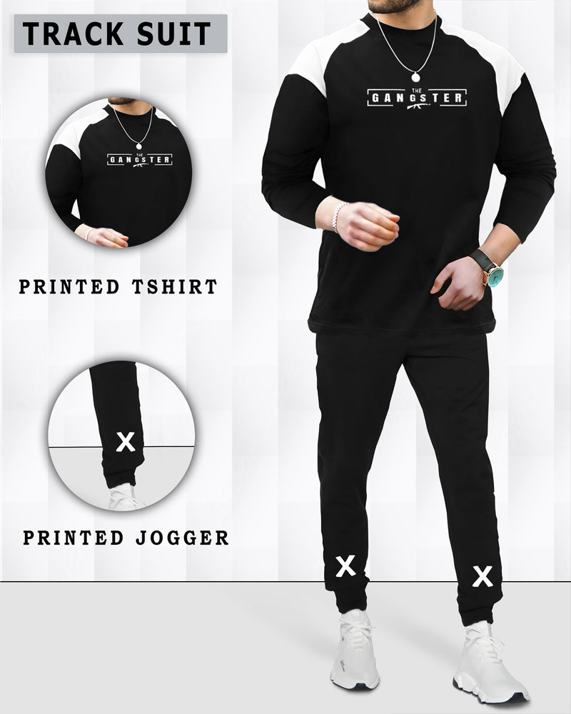 Full Sleeve Black Printed T-shirt with Black Jogger Pant Tracksuit