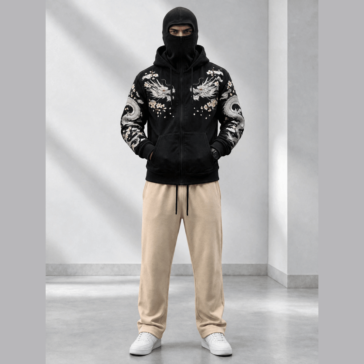 Tracksuit Hooded Mask Printed Jackets And Plain Baggy Trackpants