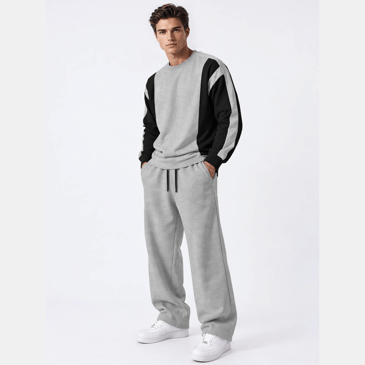 Tracksuit Men Round Neck Colorblocked Sweatshirt Plain Baggy Trackpants