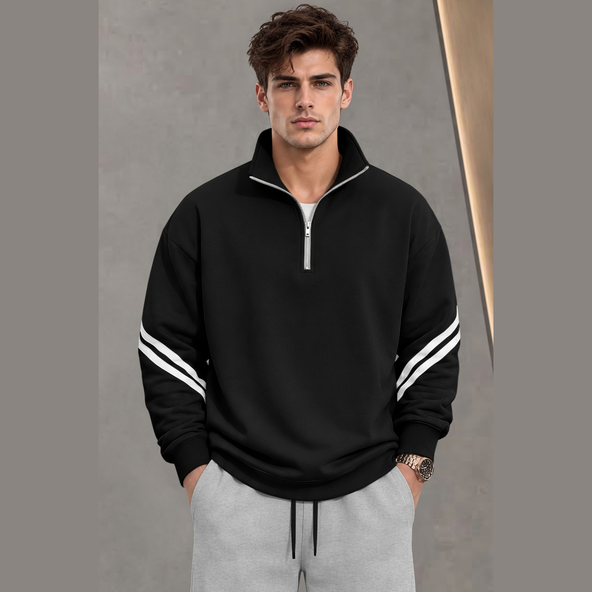 Mens Contrast Stripe Full Sleeve Pullover Sweatshirt Black