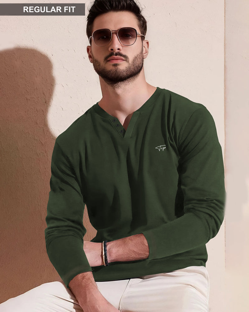 Full Sleeve V-neck OLIVE GREEN T-shirt with BLACK Jogger Pant Tracksuit