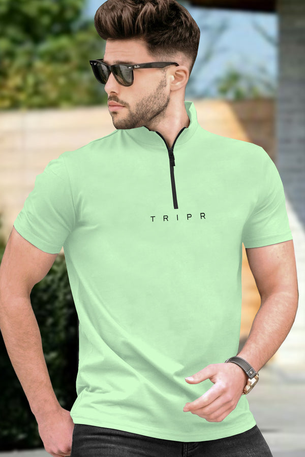 Apple Green Zip High Neck Half Sleeve T-Shirt