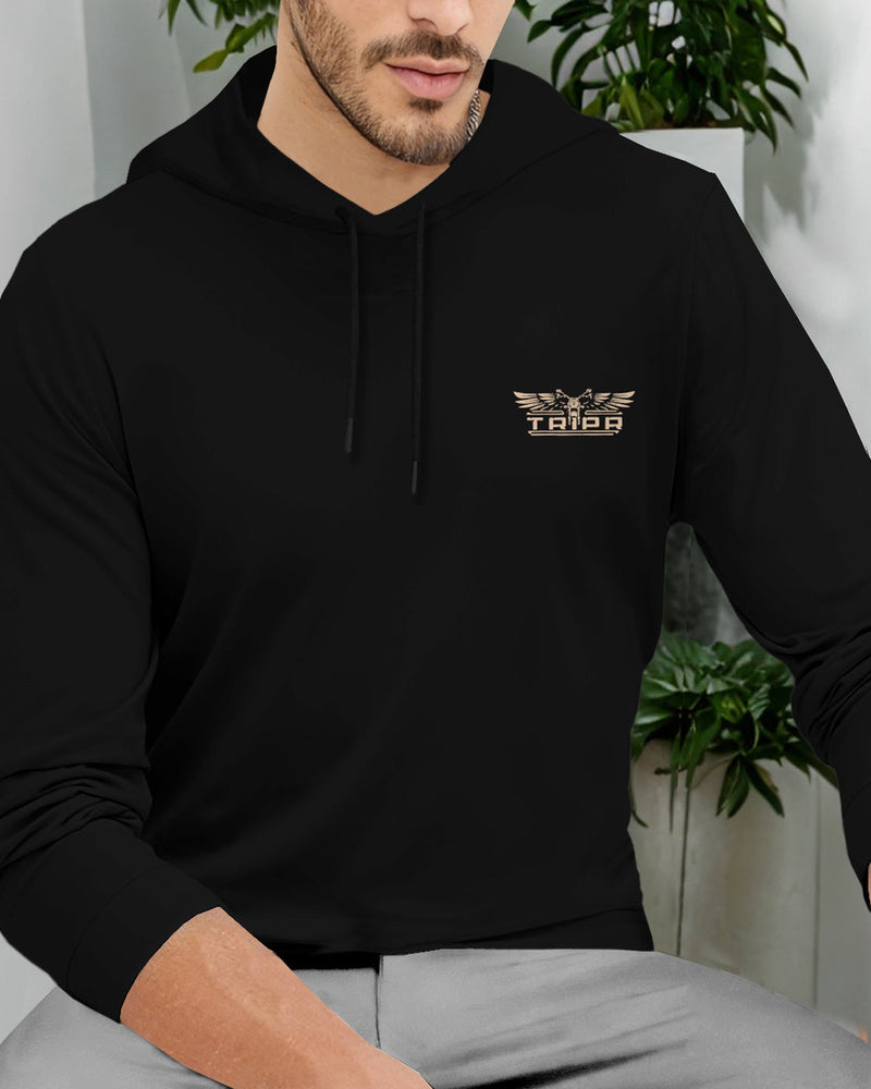 Men Solid Hooded Neck Cotton Blend Black T-Shirt