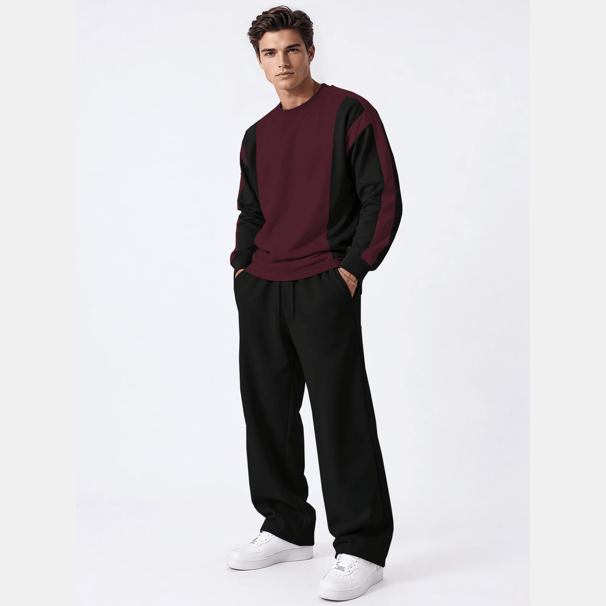 Tracksuit Men Round Neck Colorblocked Sweatshirt Plain Baggy Trackpants
