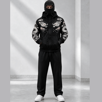 Tracksuit Hooded Mask Printed Jackets And Plain Baggy Trackpants