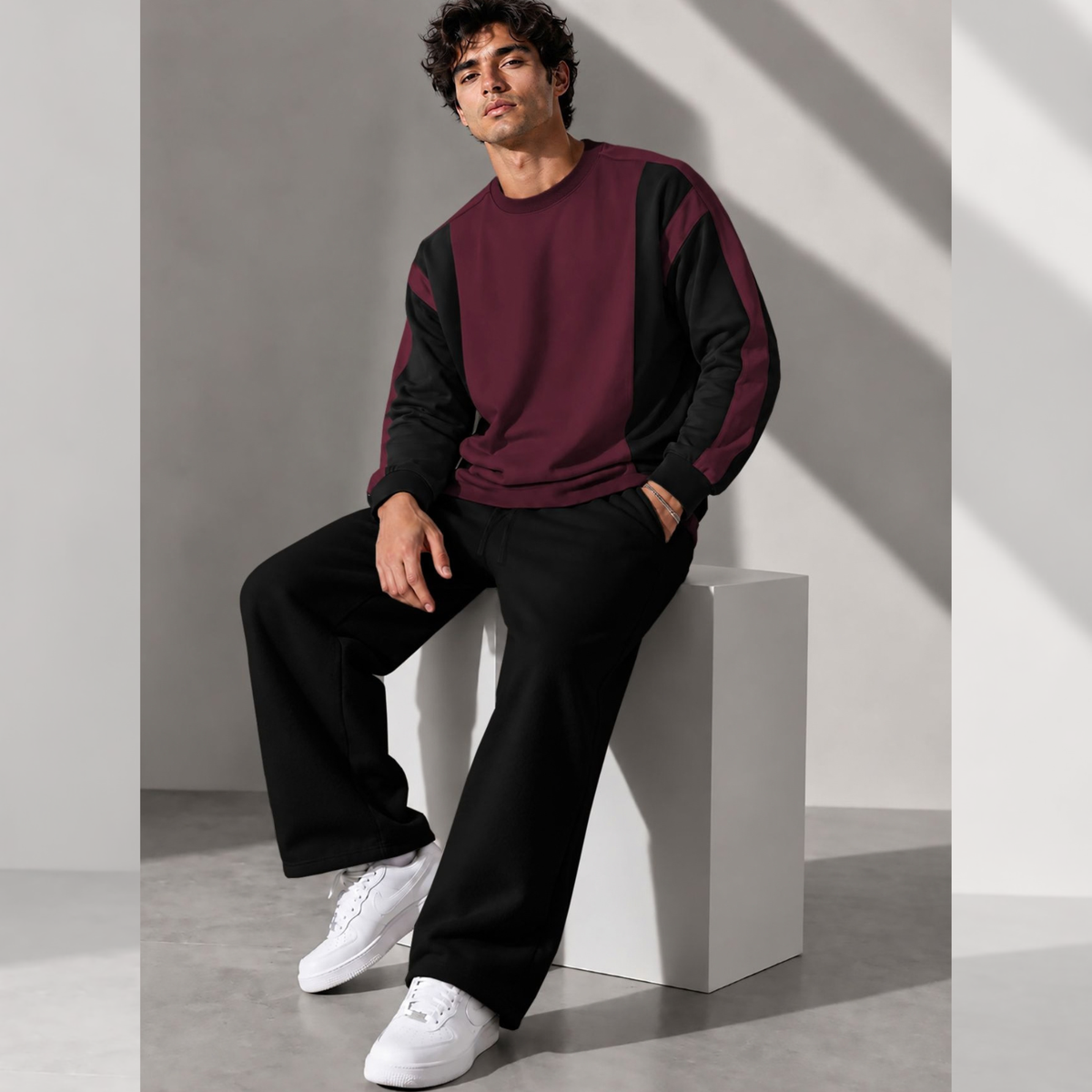 Tracksuit Men Round Neck Colorblocked Sweatshirt Plain Baggy Trackpants