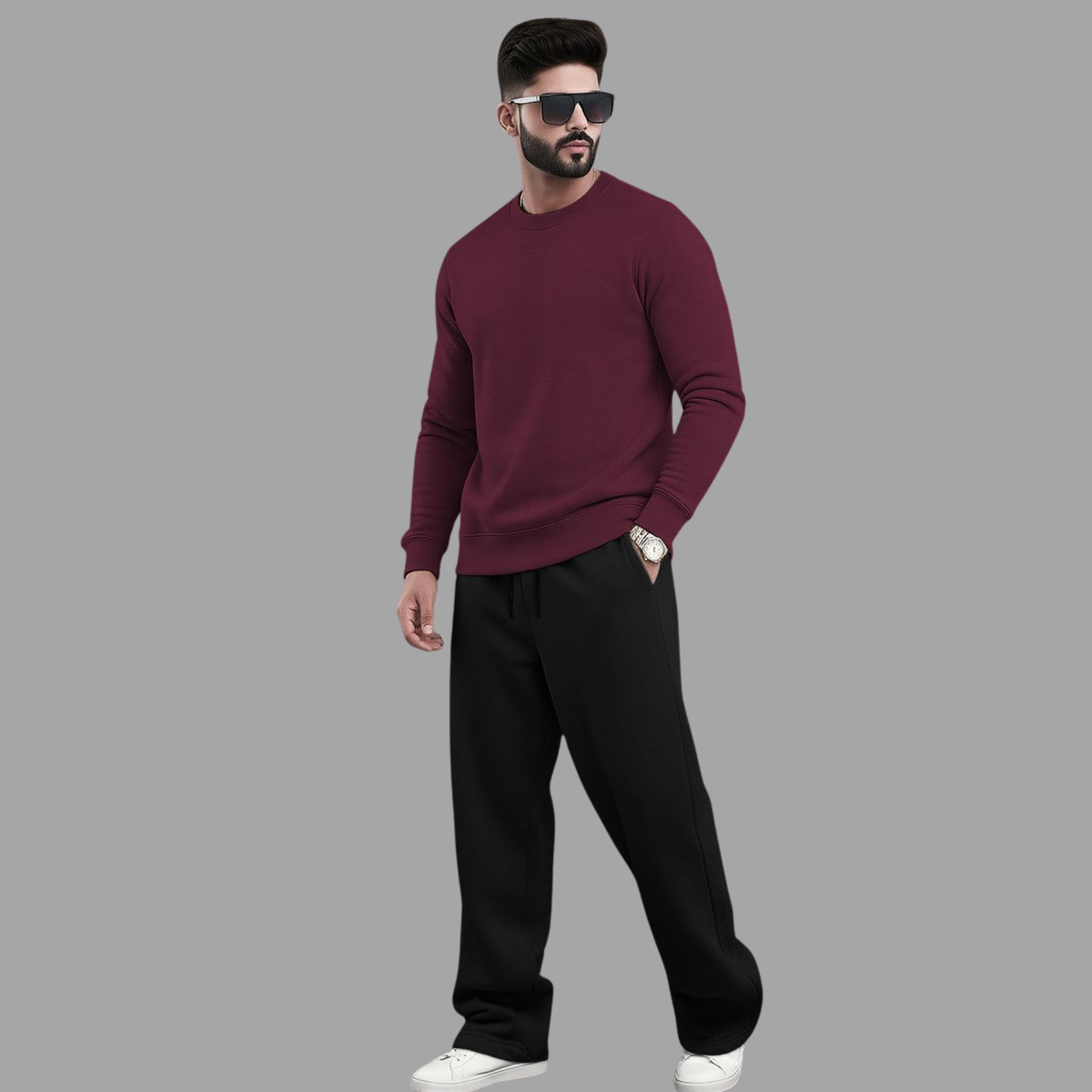 Tracksuit Men Round Neck Plain Sweatshirt & Loose Fit Plain Trackpants