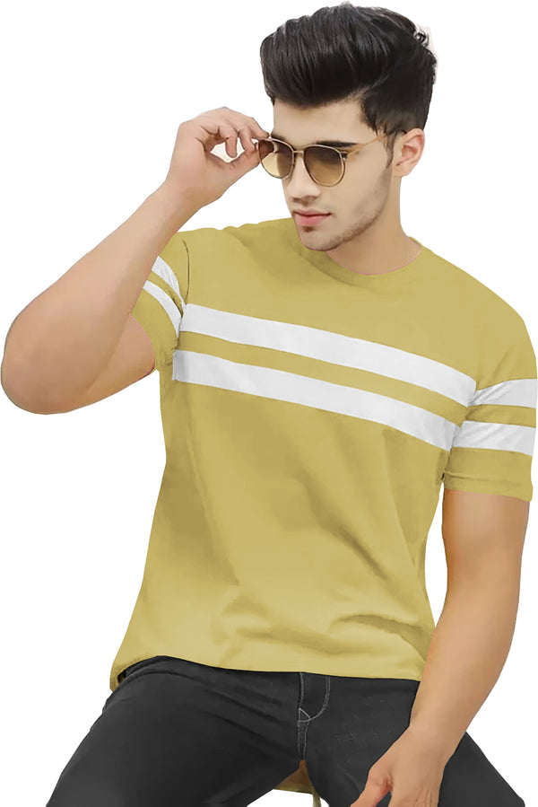 Men Striped Round Neck Cotton Blend Beige T-Shirt