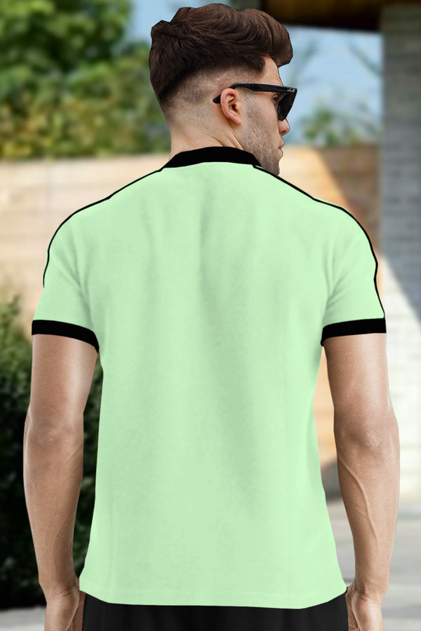 Apple Green Mandarin Collar Cotton Blend Half  T-Shirt