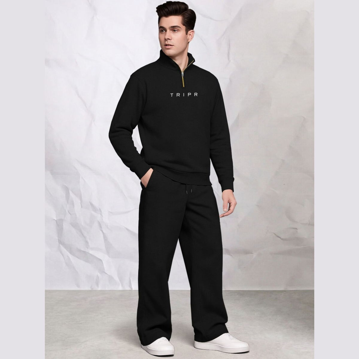 Tracksuit Men High Neck Sweatshirt & Matching Plain Loose Fit Trackpants
