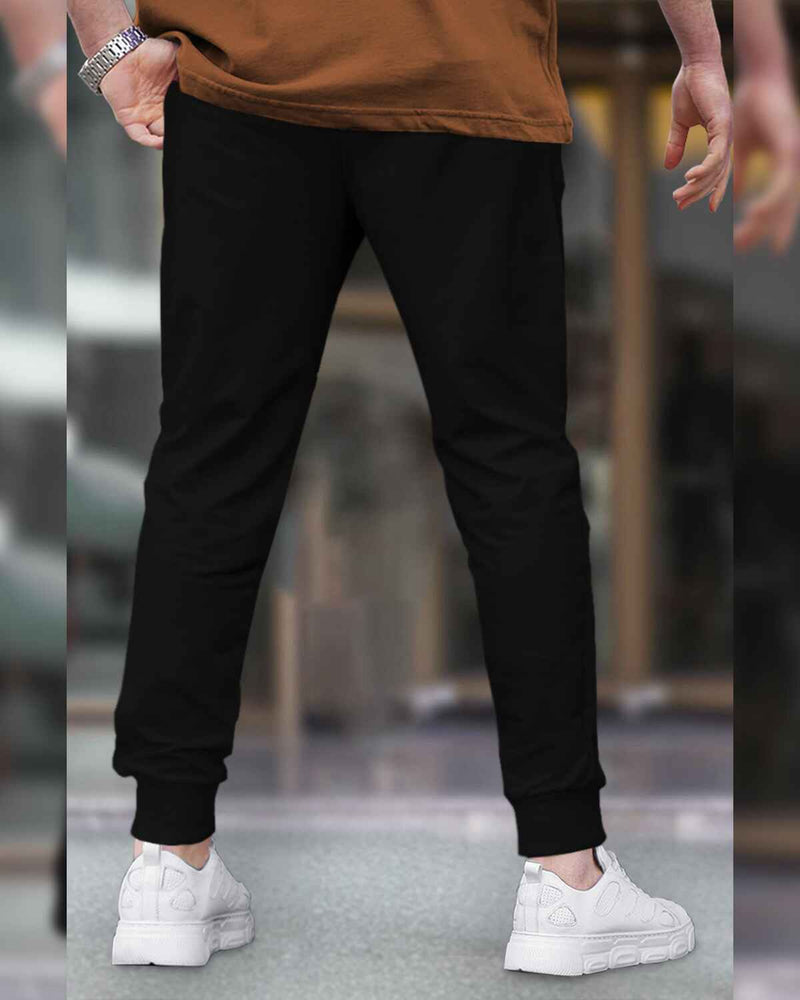 Men Plain Ankle Fit Cuffed Jogger / Black