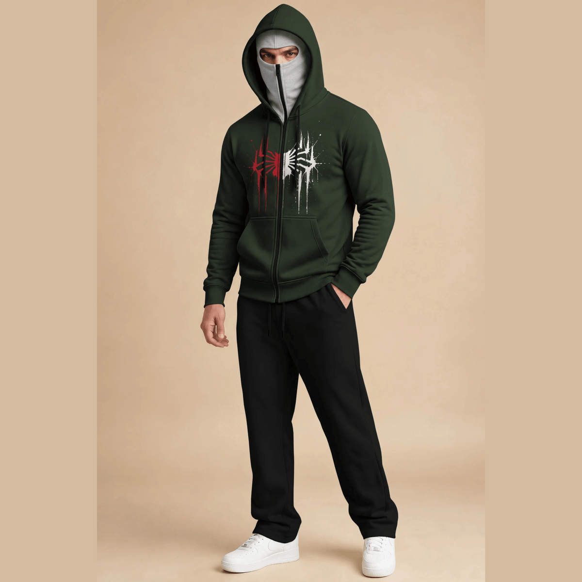 Tracksuit Mask Hooded Jackets And Plain Baggy Trackpants