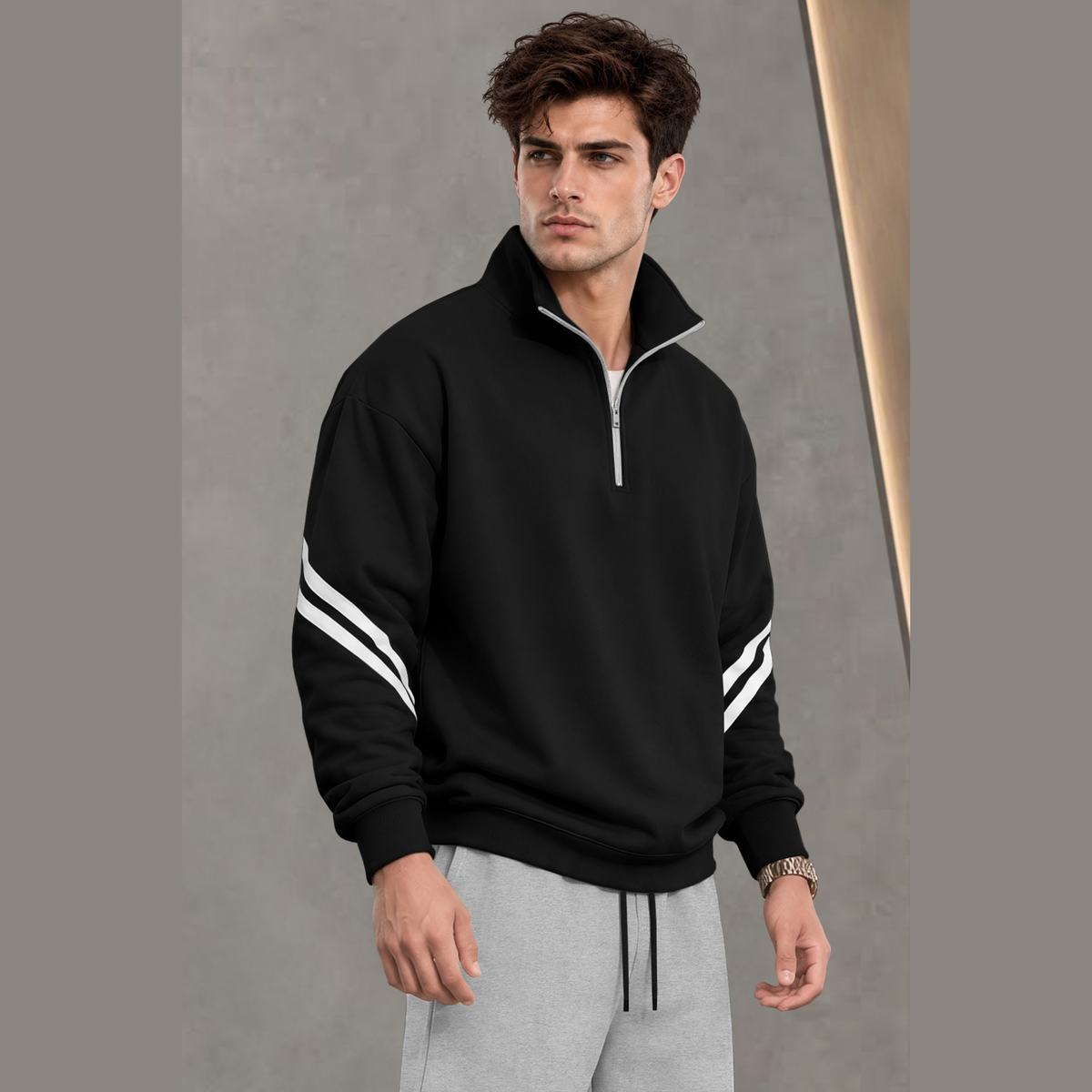 Mens Contrast Stripe Full Sleeve Pullover Sweatshirt Black