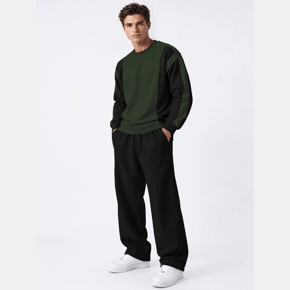 Tracksuit Men Round Neck Colorblocked Sweatshirt Plain Baggy Trackpants