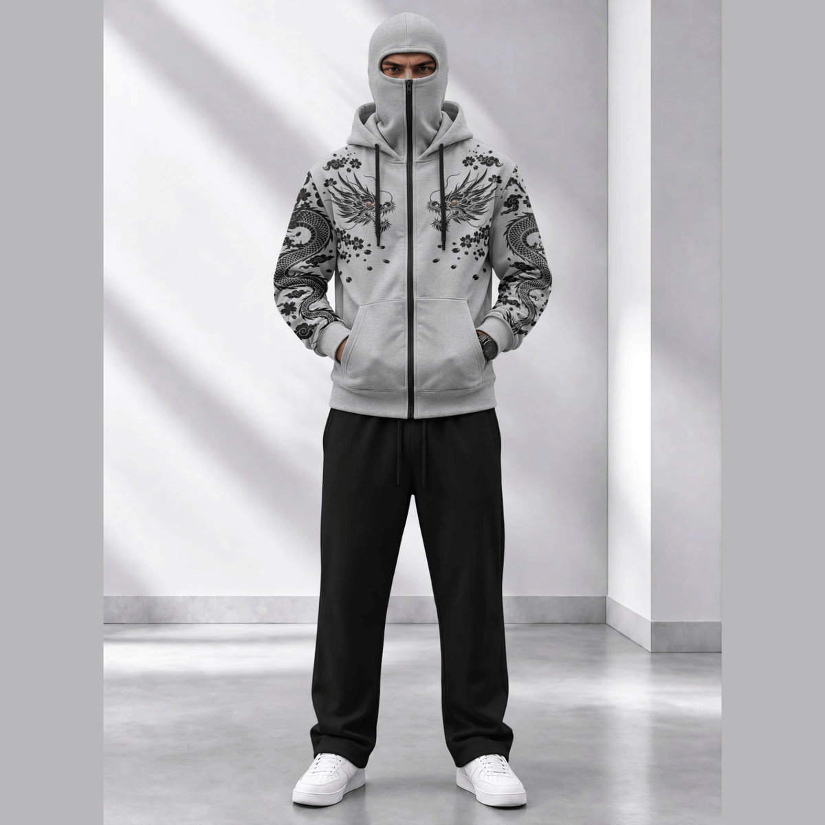 Tracksuit Hooded Mask Printed Jackets And Plain Baggy Trackpants