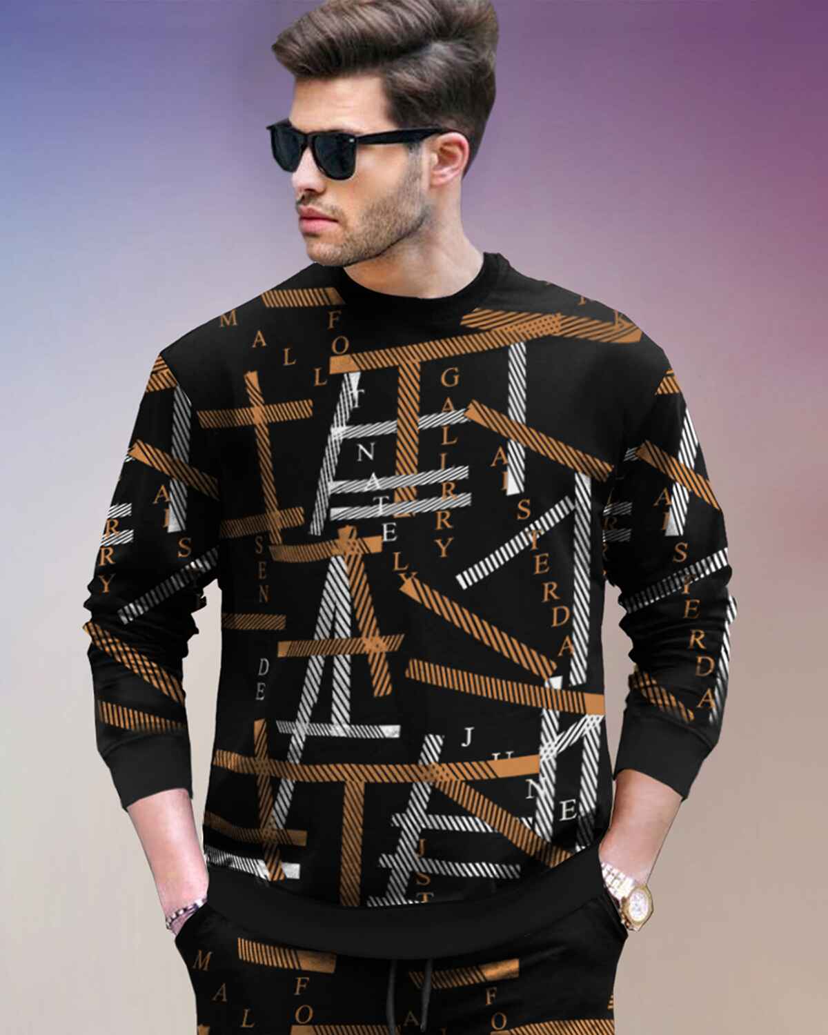 Track Suit Black-Brown Full Sleeve All Over Print T-shirt & Printed Trackpant