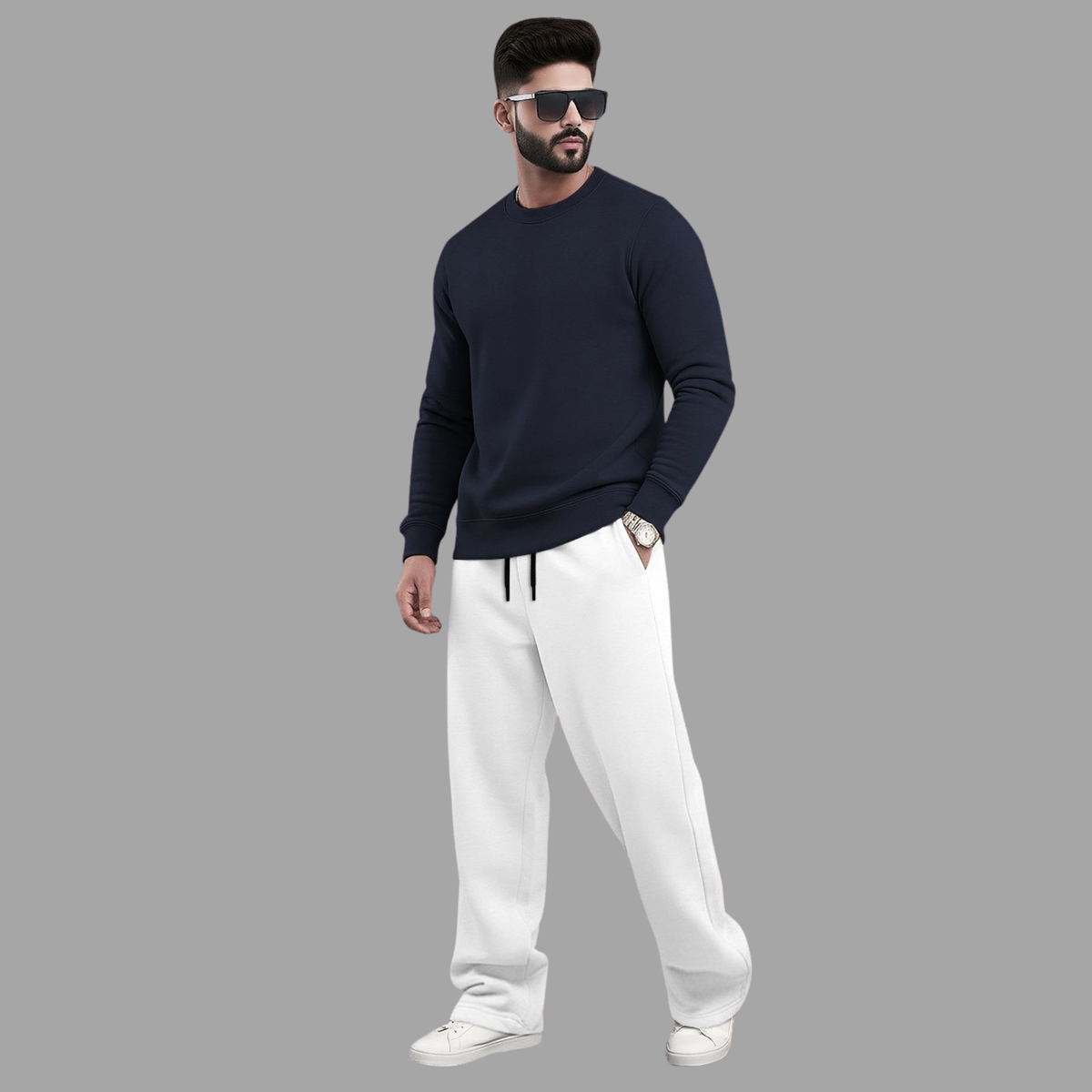 Tracksuit Men Round Neck Plain Sweatshirt & Loose Fit Plain Trackpants