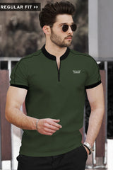 Men Olive Green Mandarin Collar Half Sleeve Zip Neck Black Piping T-shirt