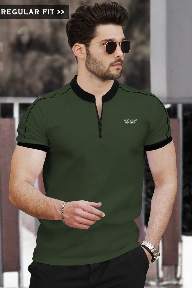 Men Olive Green Mandarin Collar Half Sleeve Zip Neck Black Piping T-shirt