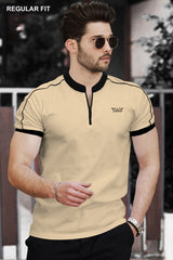 Men Beige V-neck Half Sleeve Zip Black Piping T-shirt