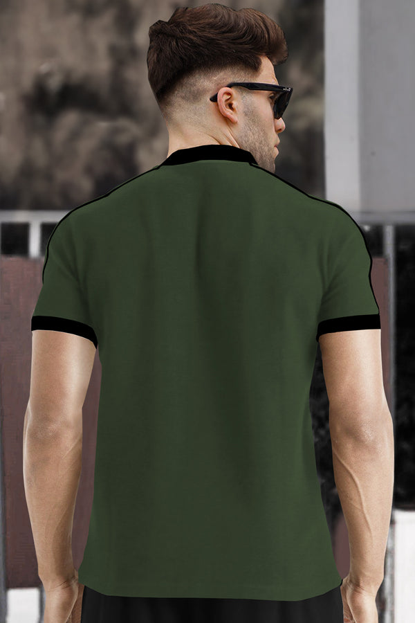 Men Olive Green Half Sleeve Zip Neck Black Piping T-shirt