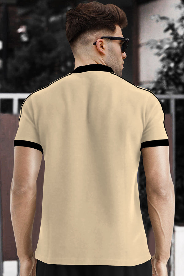 Men Beige V-neck Half Sleeve Zip Black Piping T-shirt